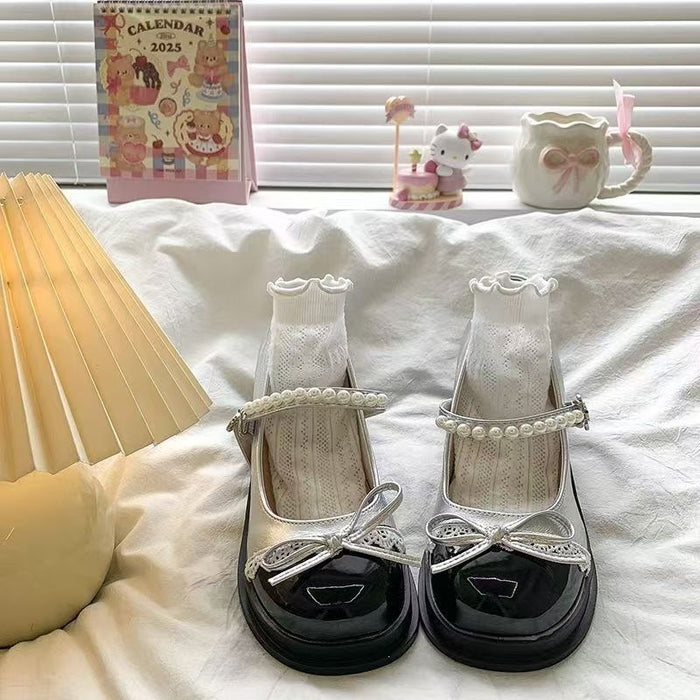 Pearl Strap Bow Chunky Heels - Fashionnsio