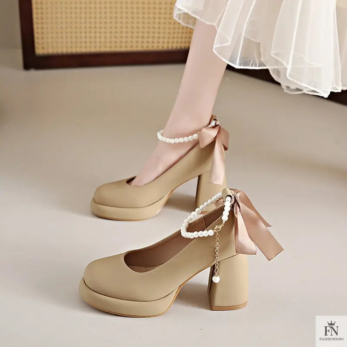 Pearl Strap Bow Mary Jane Heels - Fashionnsio