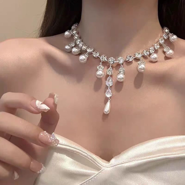 Pearl Tassel Diamond Necklace - Fashionnsio