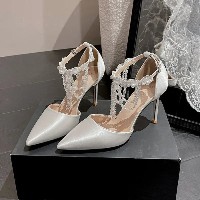 Pearl Tassel Satin Wedding Heel fashionnsio