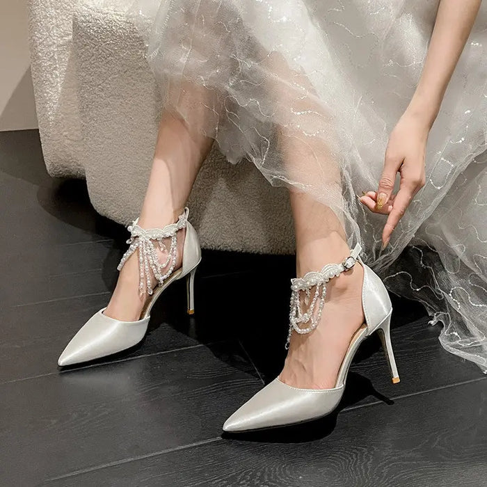 Pearl Tassel Satin Wedding Heel fashionnsio