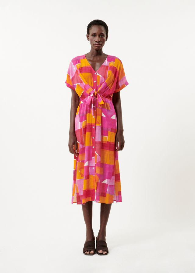 Perrine Short Sleeve Button Dress (Geo Pink)