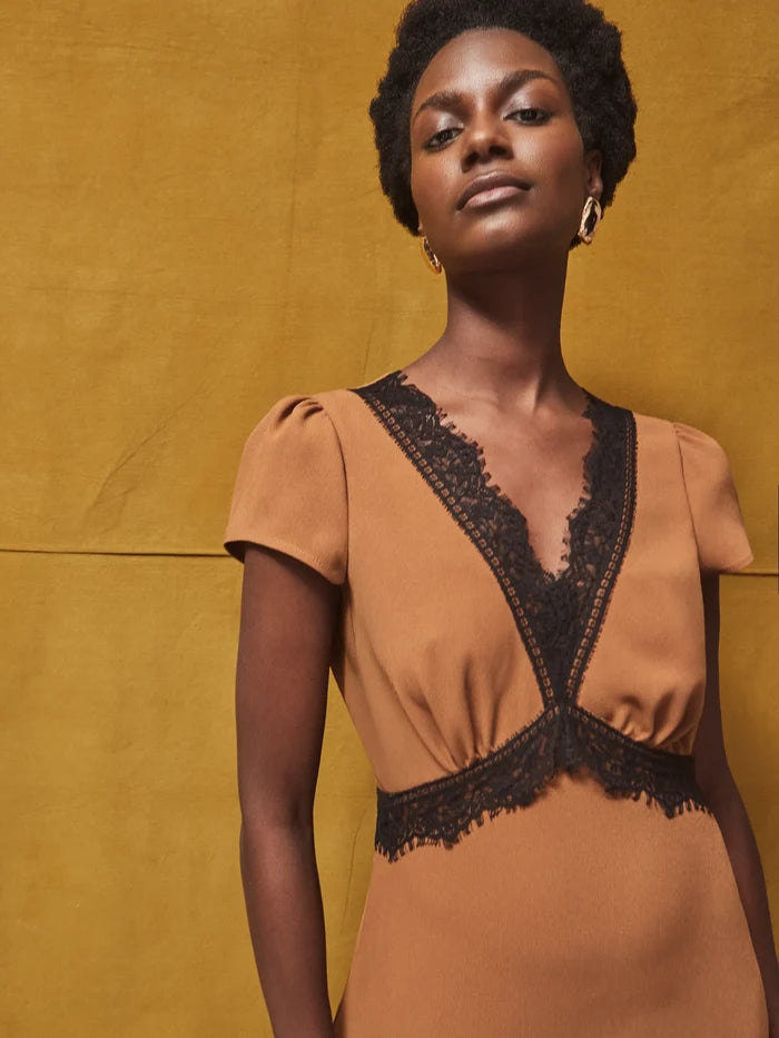 Petite Caramel Lace Trim Dress