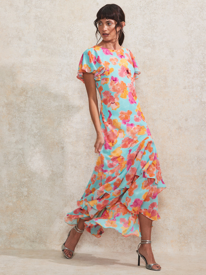 Petite Hazel Blue And Pink Floral-Print Frill-Sleeve Dress