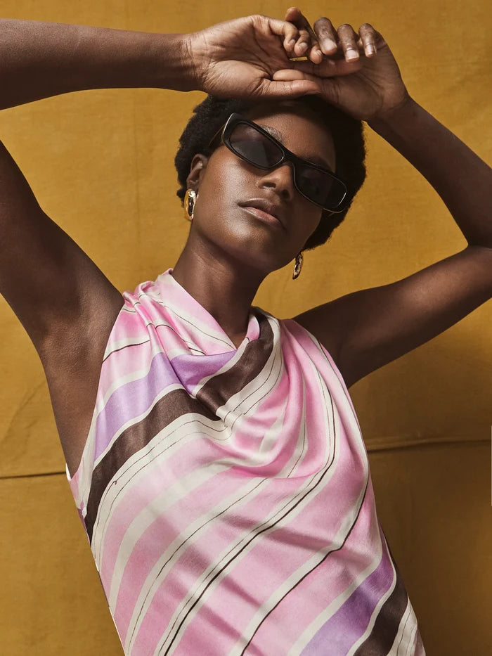 Petite Phoebe Pink Stripe Cowl Neck Satin Dress