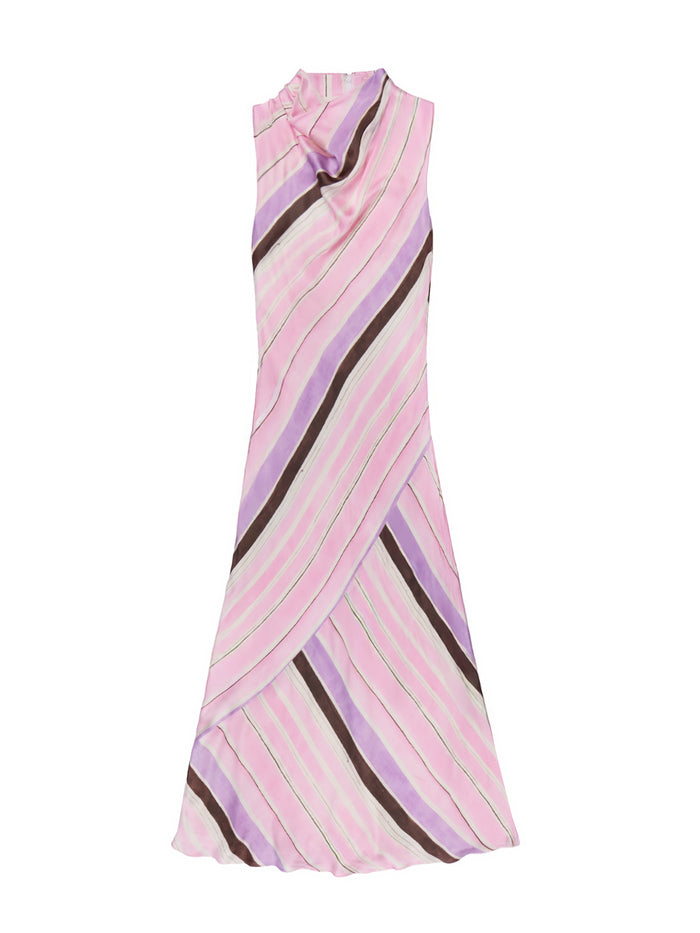 Petite Phoebe Pink Stripe Cowl Neck Satin Dress