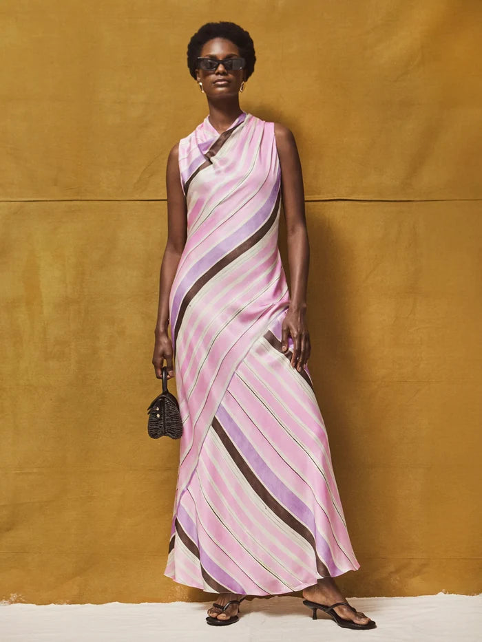 Phoebe Pink Stripe Cowl Neck Satin Dress