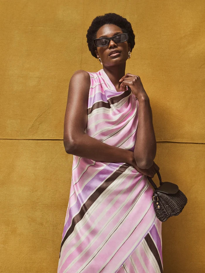Phoebe Pink Stripe Cowl Neck Satin Dress