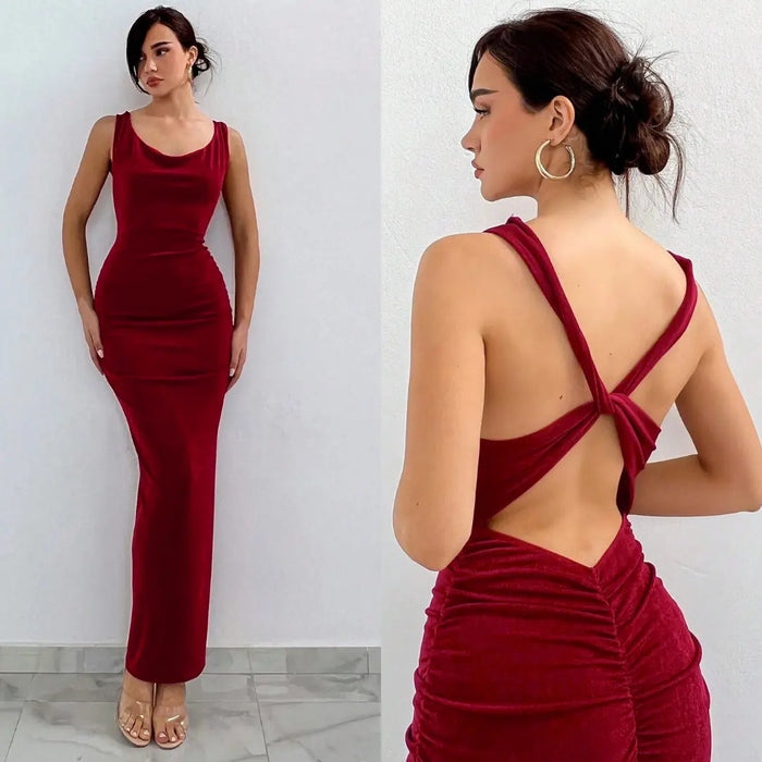Red Pleated Backless Bodycon Dress fashionnsio