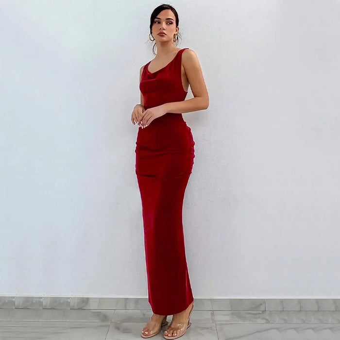 Red Pleated Backless Bodycon Dress fashionnsio