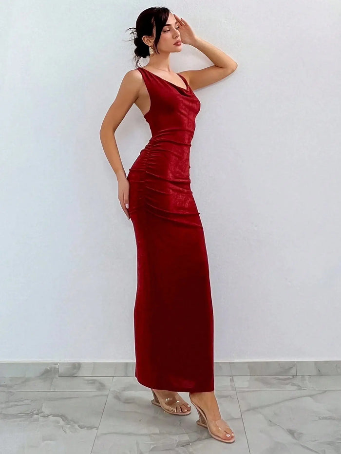 Red Pleated Backless Bodycon Dress fashionnsio
