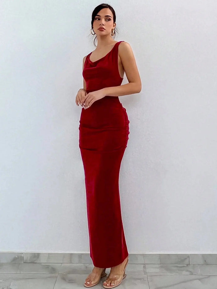 Red Pleated Backless Bodycon Dress fashionnsio