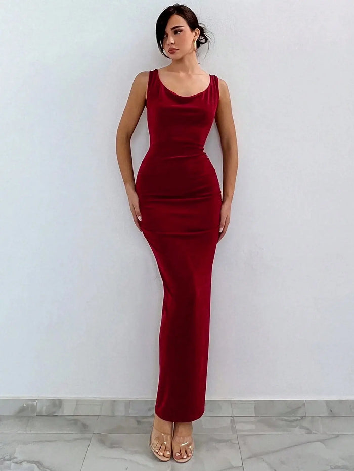 Red Pleated Backless Bodycon Dress fashionnsio