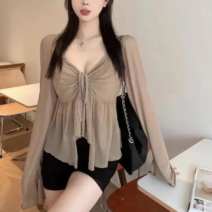Pleated Long Sleeve Irregular Mesh Top fashionnsio