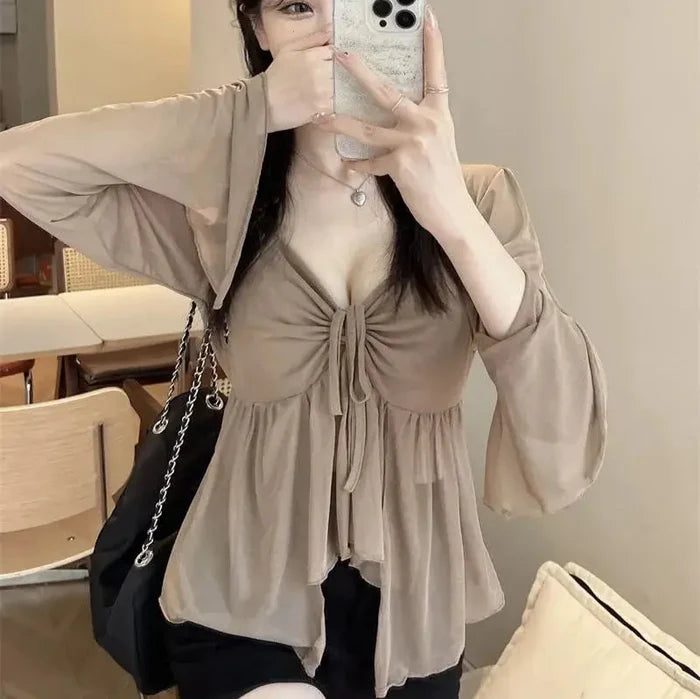 Pleated Long Sleeve Irregular Mesh Top fashionnsio