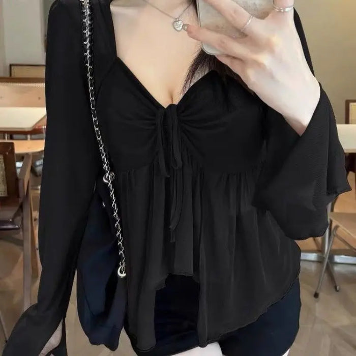 Pleated Long Sleeve Irregular Mesh Top fashionnsio