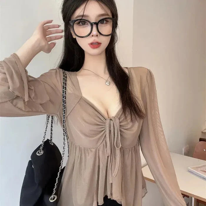 Pleated Long Sleeve Irregular Mesh Top fashionnsio