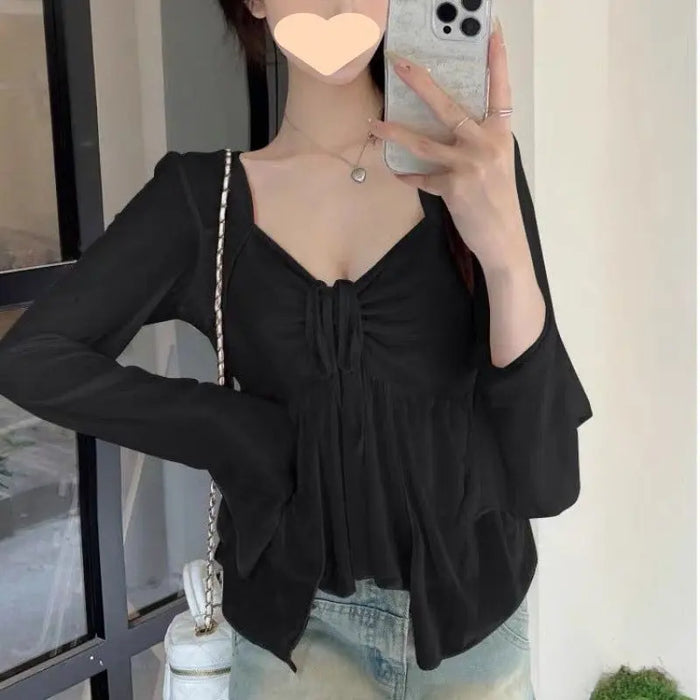 Pleated Long Sleeve Irregular Mesh Top fashionnsio