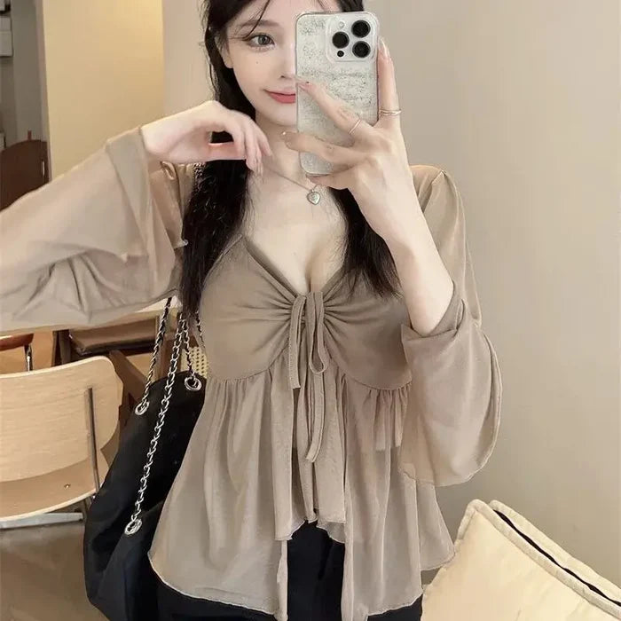 Pleated Long Sleeve Irregular Mesh Top fashionnsio