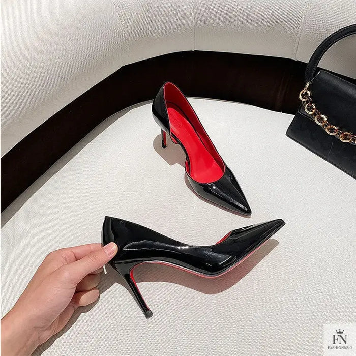 Pointed Side Hollow Red Bottom Heels - Fashionnsio