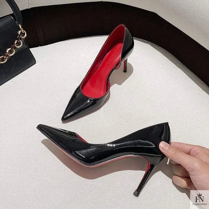 Pointed Side Hollow Red Bottom Heels - Fashionnsio