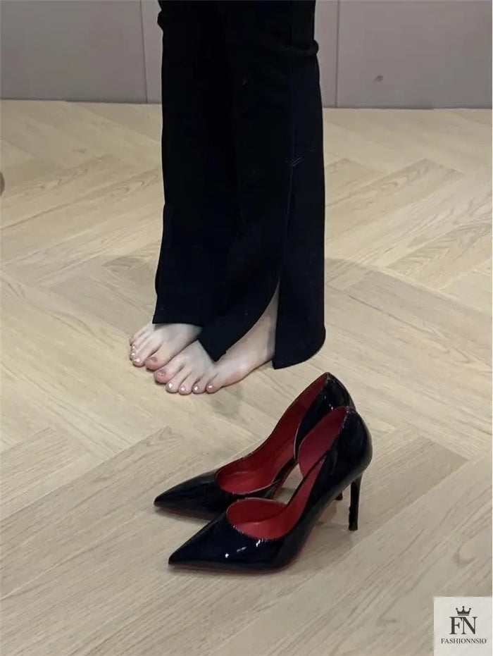 Pointed Side Hollow Red Bottom Heels - Fashionnsio