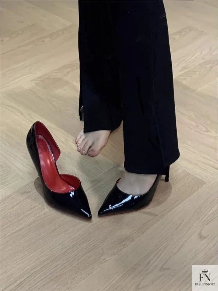 Pointed Side Hollow Red Bottom Heels - Fashionnsio