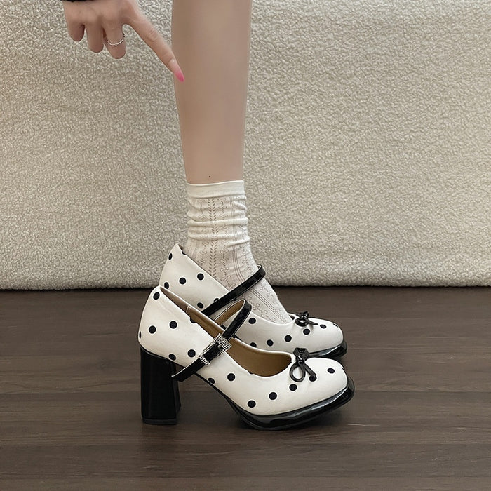 Polka Dot Bow Block Heels - Fashionnsio