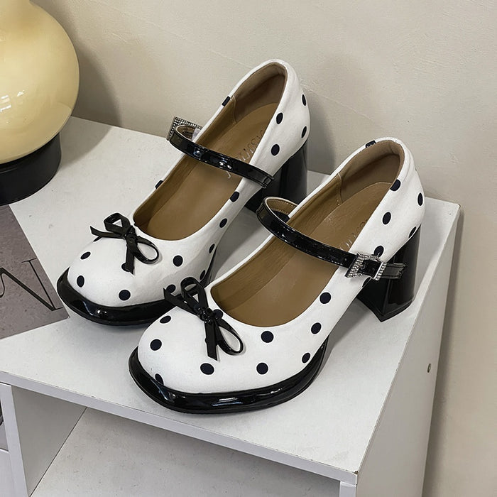 Polka Dot Bow Block Heels - Fashionnsio