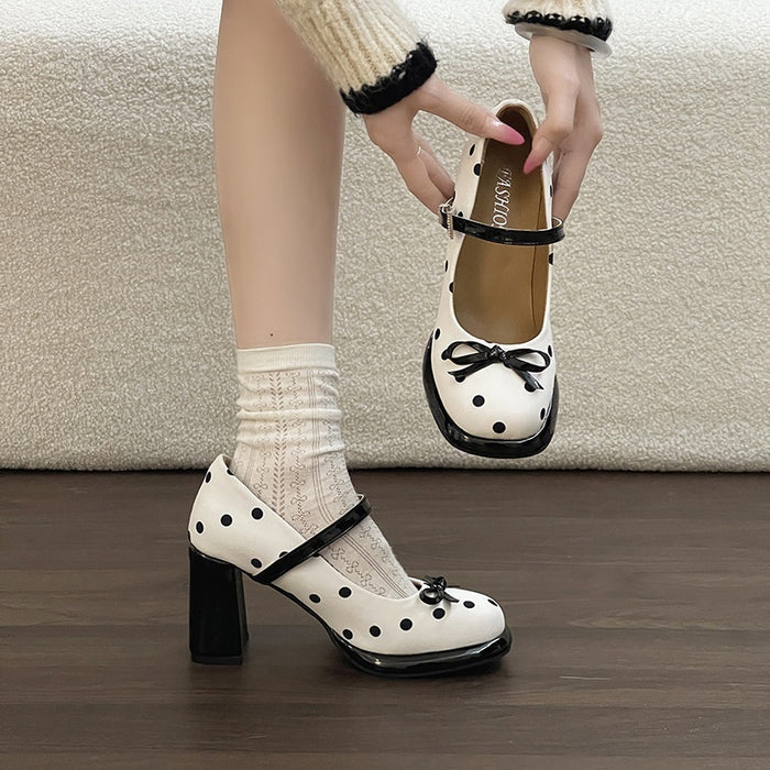 Polka Dot Bow Block Heels - Fashionnsio