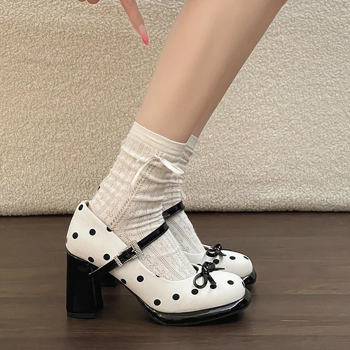 Polka Dot Bow Block Heels - Fashionnsio