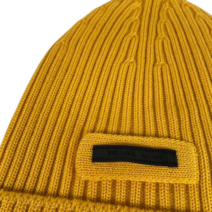 Prada Mustard Yellow Ribbed Virgin Wool Beanie Hat