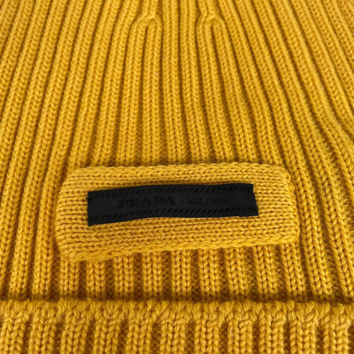 Prada Mustard Yellow Ribbed Virgin Wool Beanie Hat