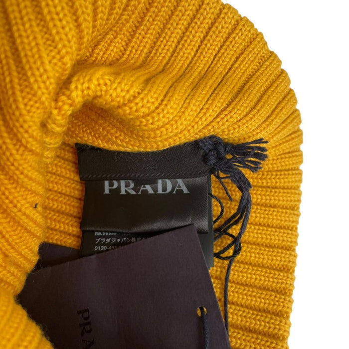 Prada Mustard Yellow Ribbed Virgin Wool Beanie Hat