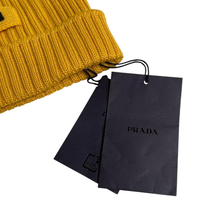Prada Mustard Yellow Ribbed Virgin Wool Beanie Hat