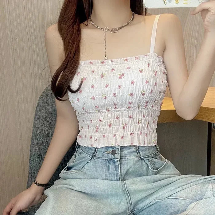 Pleated Floral Padded Top fashionnsio