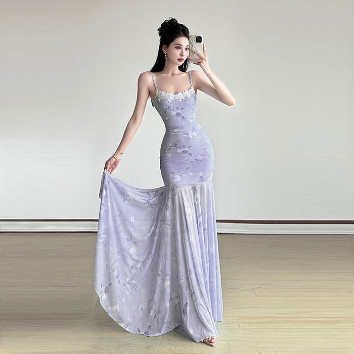 Printed Mesh Fairy Long Dress - Fashionnsio