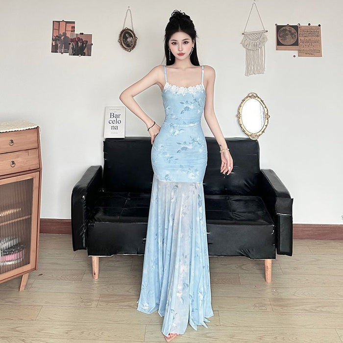 Printed Mesh Fairy Long Dress - Fashionnsio