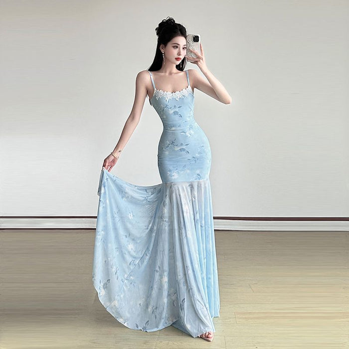 Printed Mesh Fairy Long Dress - Fashionnsio