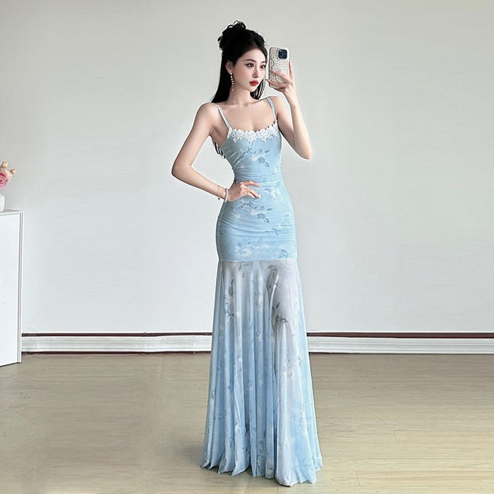 Printed Mesh Fairy Long Dress - Fashionnsio