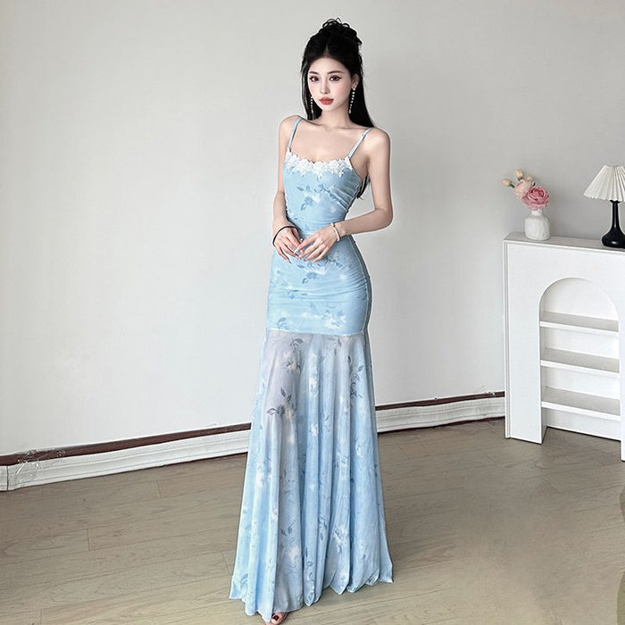 Printed Mesh Fairy Long Dress - Fashionnsio