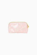 Pink pouch with gold zipper on a white background