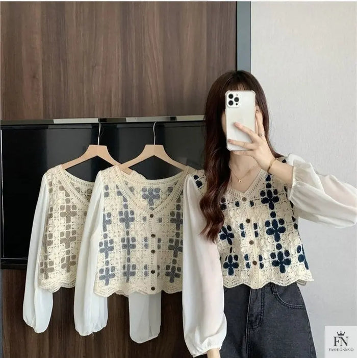 Puff Sleeve Floral Crochet Top - Fashionnsio