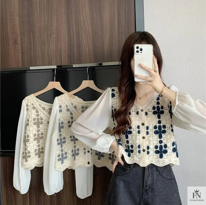 Puff Sleeve Floral Crochet Top - Fashionnsio