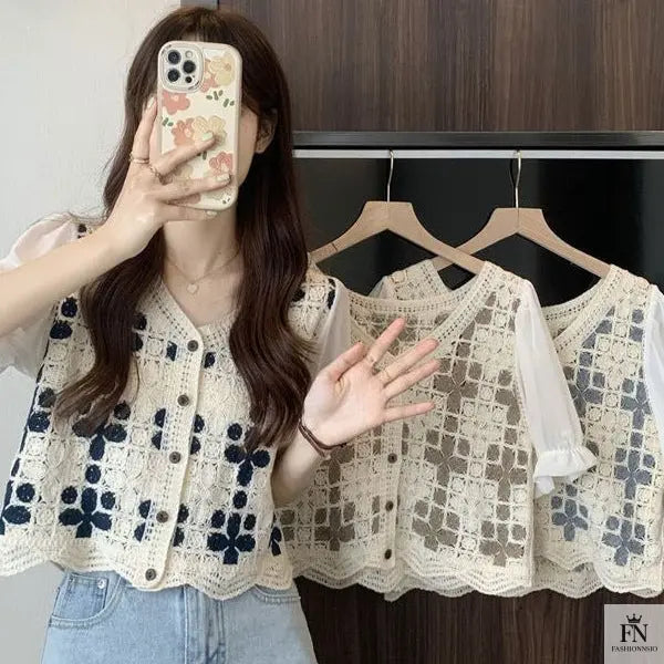 Puff Sleeve Floral Crochet Top - Fashionnsio