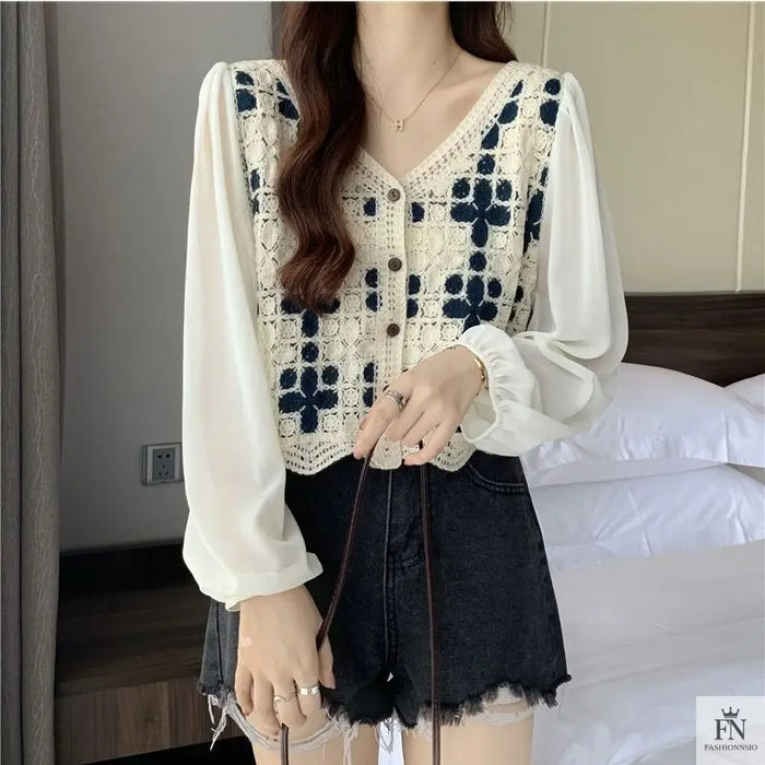 Puff Sleeve Floral Crochet Top - Fashionnsio