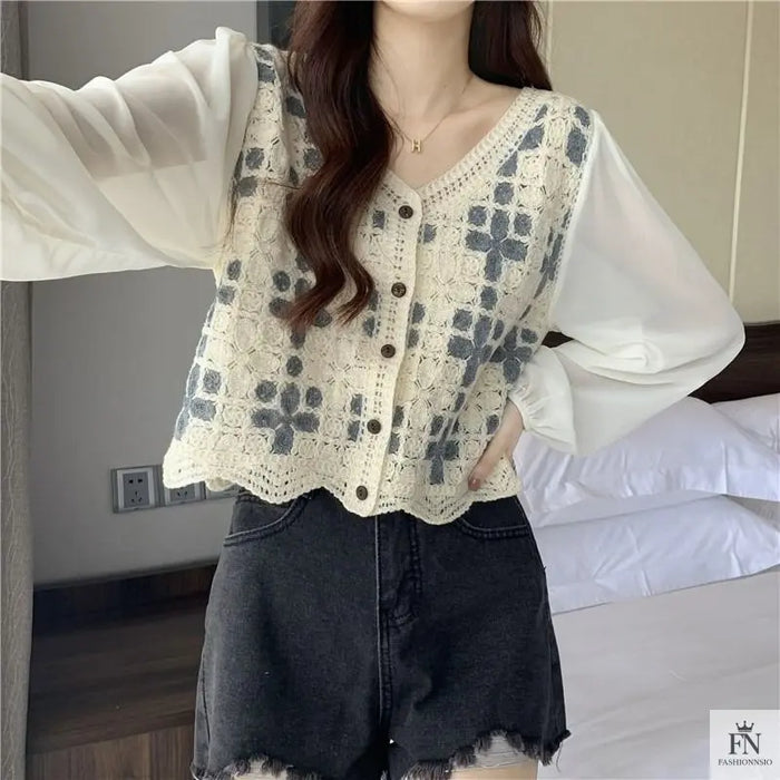 Puff Sleeve Floral Crochet Top - Fashionnsio