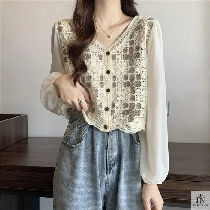 Puff Sleeve Floral Crochet Top - Fashionnsio