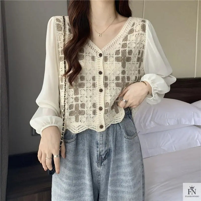 Puff Sleeve Floral Crochet Top - Fashionnsio