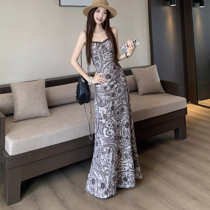 Retro Printed Lace Maxi Dress - Fashionnsio
